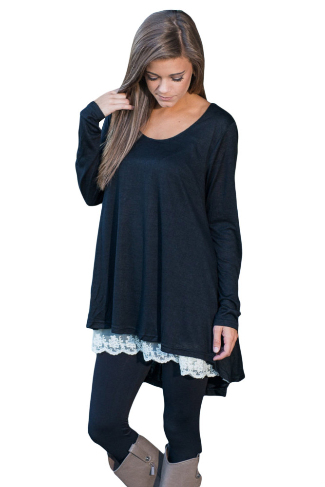 Black Swingy Lace Layered Long Sleeve Tunic