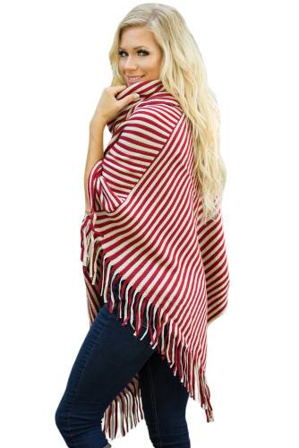 Red White Stripes Cowl Neck Poncho Sweater