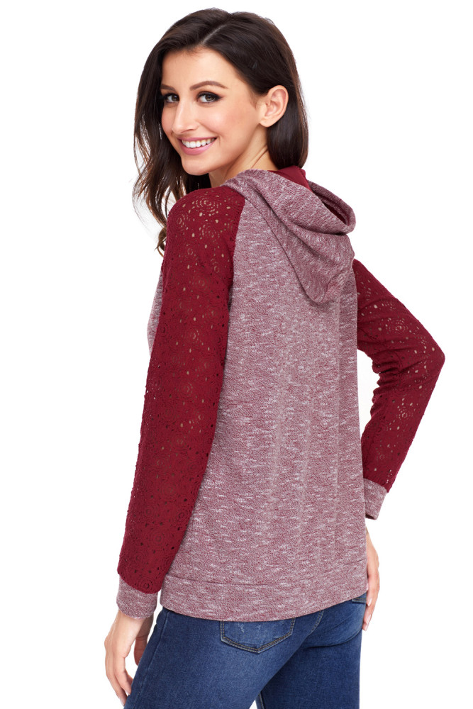 Purplish Red Lace Accent Kangaroo Pocket Hoodie