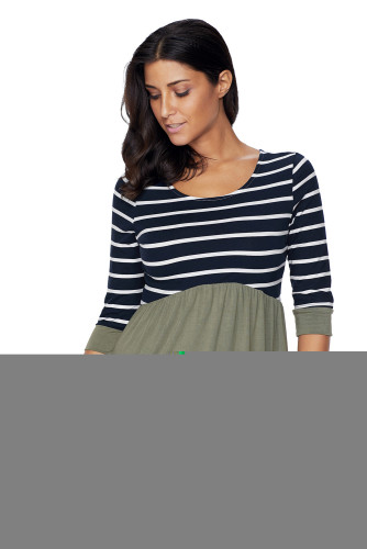 Striped Spliced Army Green Contrast 3/4 Sleeve Blouse