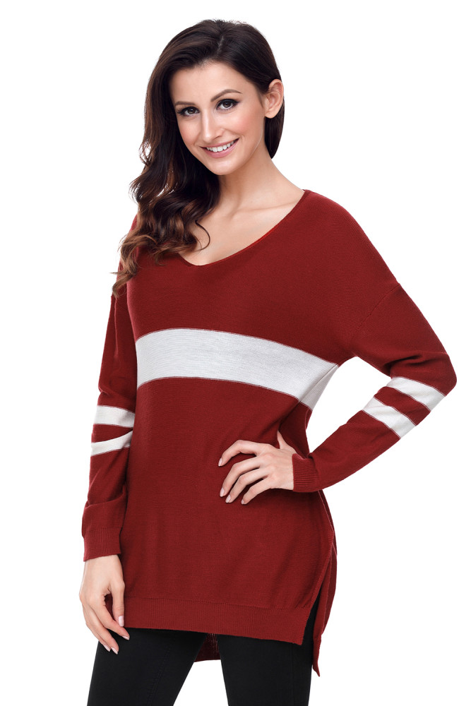 White Strip Red V Neck Sweater
