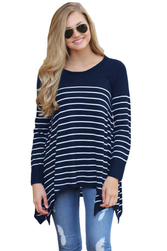Navy Striped Knit Pullover Sweater Top