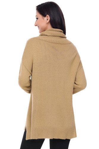 Khaki Causal Knit High Neck Loose Sweater