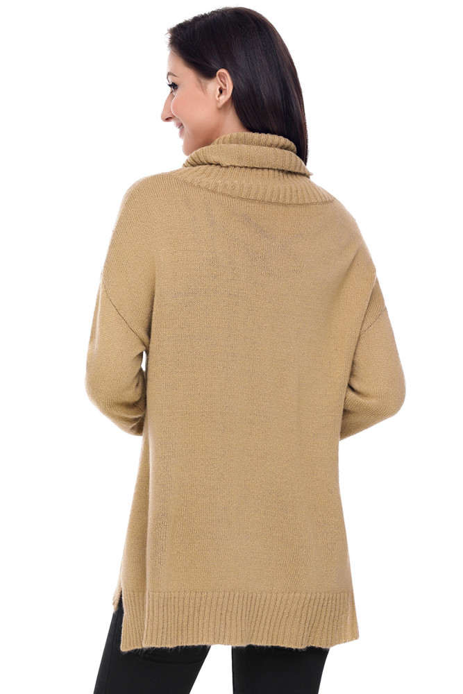 Khaki Causal Knit High Neck Loose Sweater