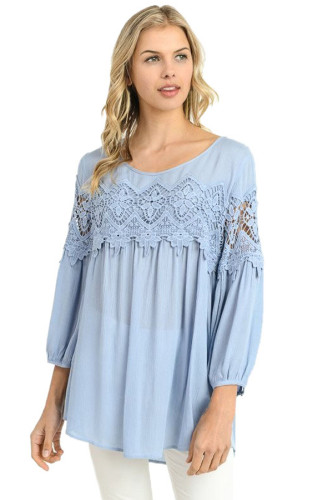 Light Blue Crochet Detail Long Sleeve Babydoll Top