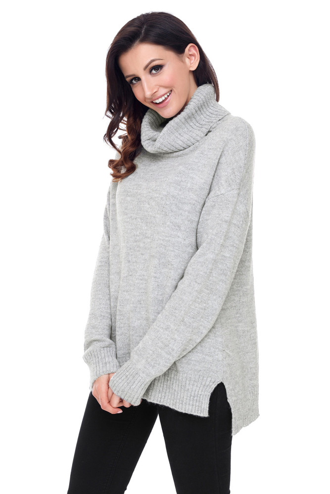 Gray Causal Knit High Neck Loose Sweater