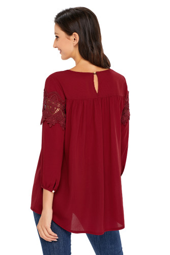 Wine Crochet Detail Long Sleeve Babydoll Top