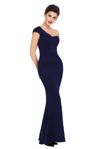 Navy Blue Sexy One Shoulder Ponti Gown