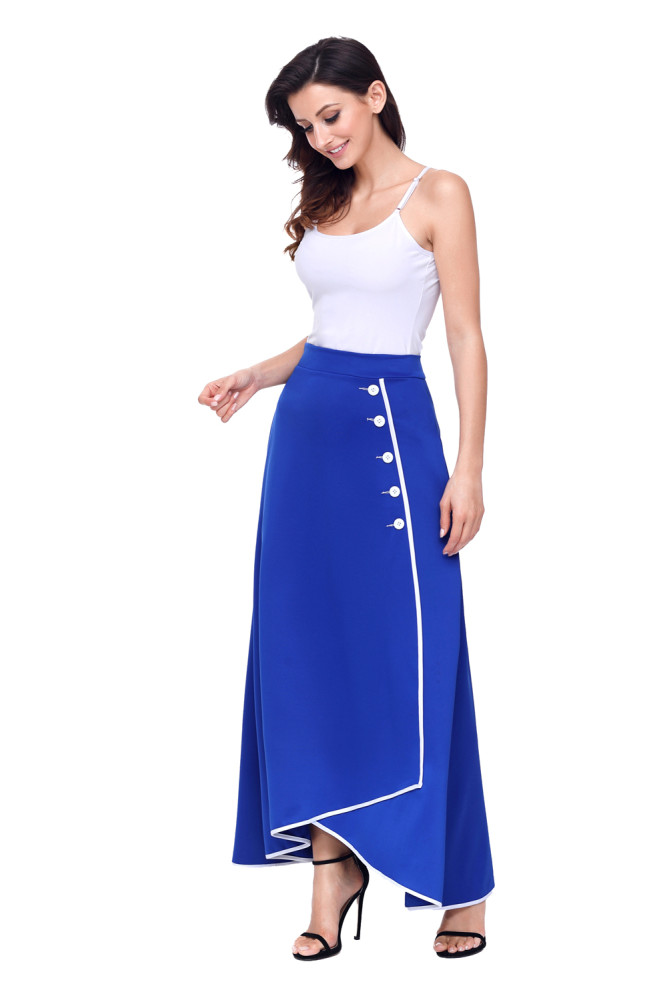 Royal Blue Piped Button Embellished High Waist Maxi Skirt