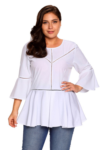 White Crochet Insert Bell Sleeve Plus Size Top