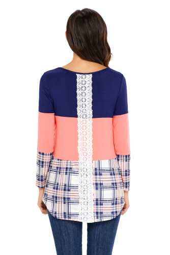 Black Coral Block Plaid Splice Long Sleeve Top