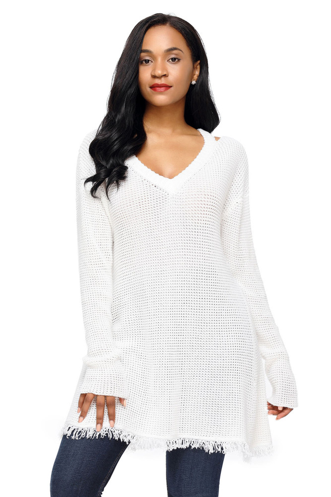 White V Neck Waffle Knit Sweater