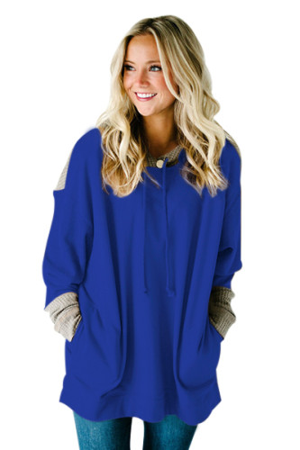 Waffle Knit Splice Royal Blue Pocket Hoodie