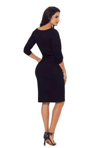 Black Roll-tab Long Sleeve Tie Waist Midi Dress