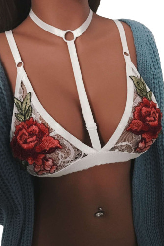 White Floral Embroidery Choker Bralette
