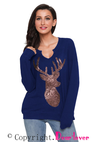 Blue Womens Sequin Christmas Reindeer Top