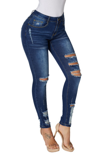 Dark Blue Denim Destroyed Ankle Length Skinny Jeans