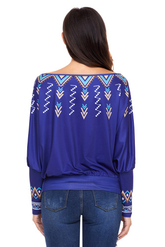 Royal Blue Printed Batwing Sleeve Skew Neck Blouse