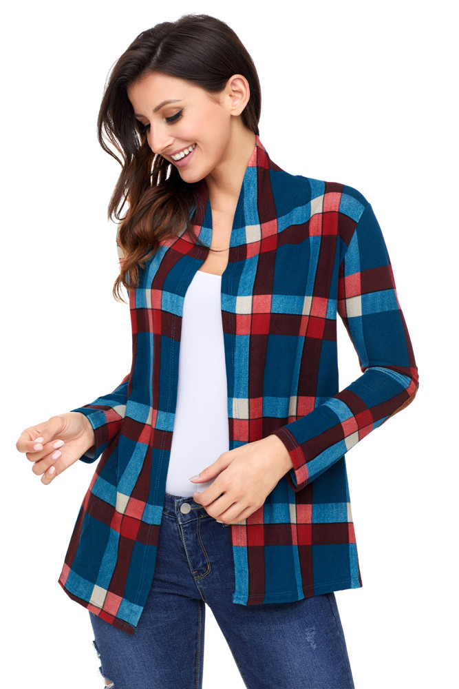Green Suede Elbow Patch Long Sleeve Plaid Cardigan