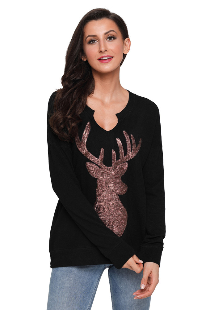 Black Womens Sequin Christmas Reindeer Top