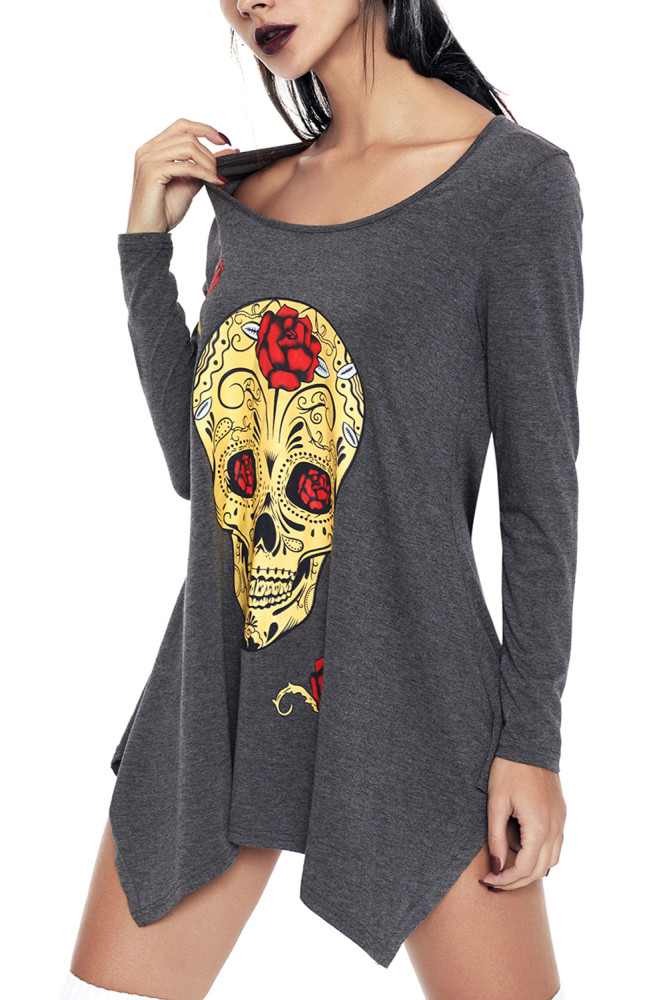 Grey Handkerchief Hem Rose Skull Tunic Top