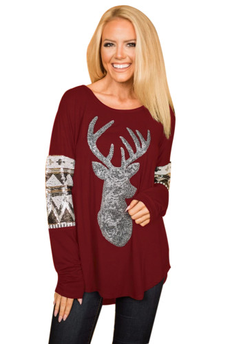 Burgundy Loose Sequin Christmas Reindeer Top