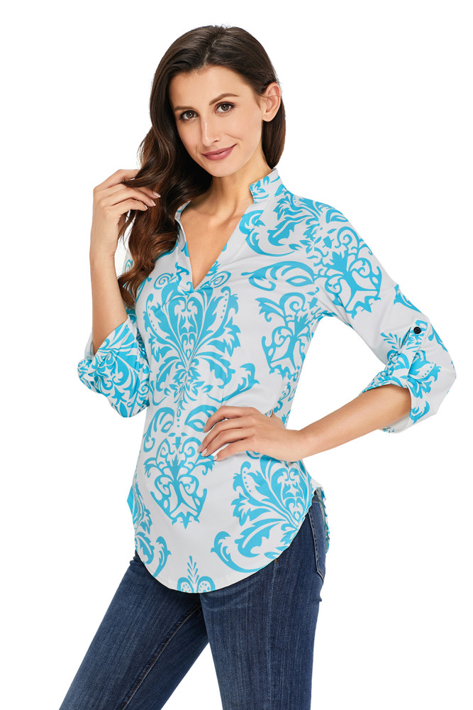 Blue Damask Print Slight Collar V Neck Blouse