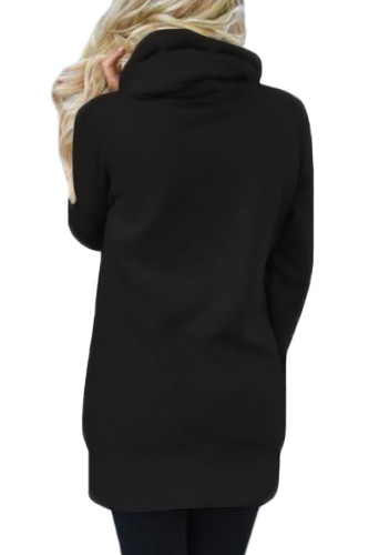 Black Funnel Neck Long Sleeve Pocket Hoodie