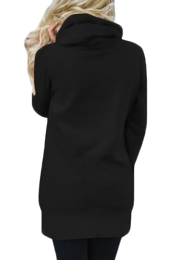 Black Funnel Neck Long Sleeve Pocket Hoodie
