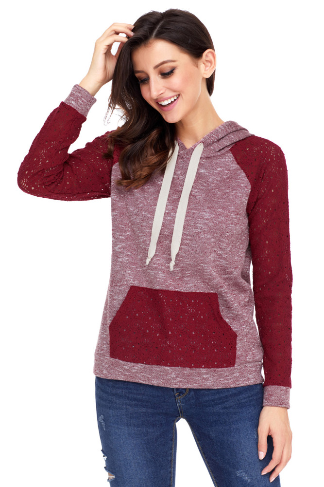Purplish Red Lace Accent Kangaroo Pocket Hoodie