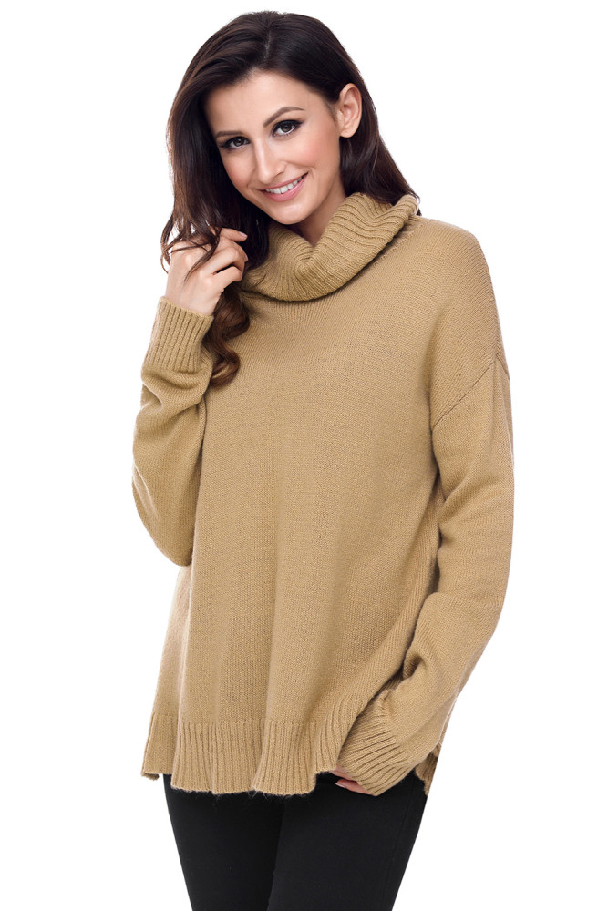 Khaki Causal Knit High Neck Loose Sweater