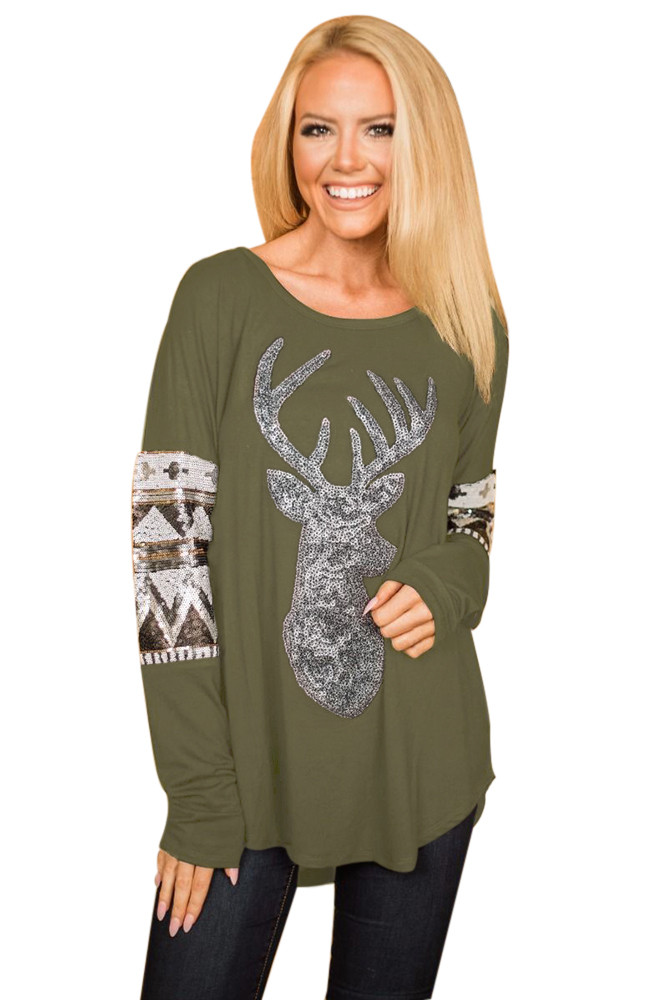 Olive Green Loose Sequin Christmas Reindeer Top