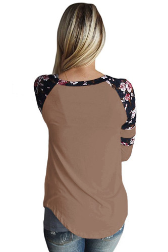 Brown Floral Varsity Stripe Long Sleeve Top