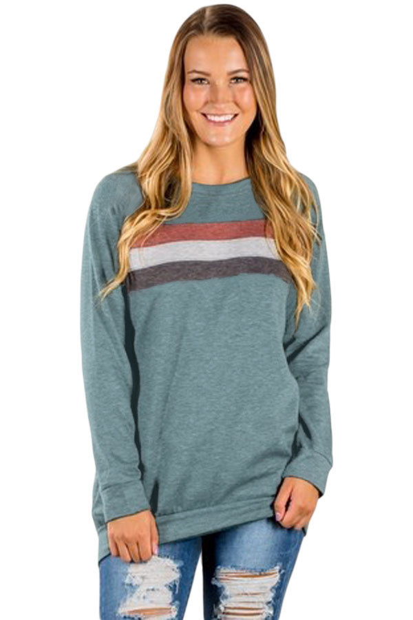 Green Contrast Stripes Pullover Sweatshirt