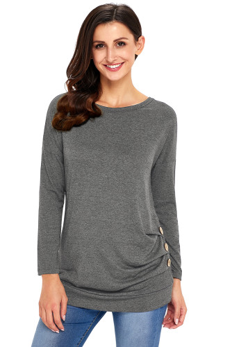 Gray Buttoned Side Long Sleeve Spring Autumn Womens Top
