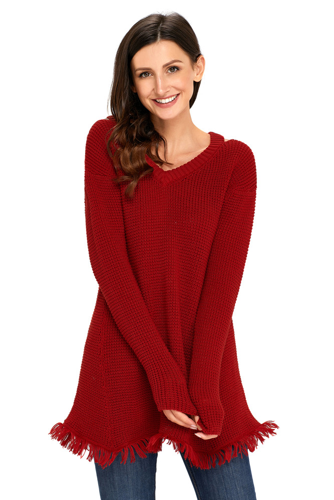 Red V Neck Waffle Knit Sweater