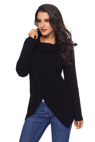 Black Buttoned Wrap Cowl Neck Sweater
