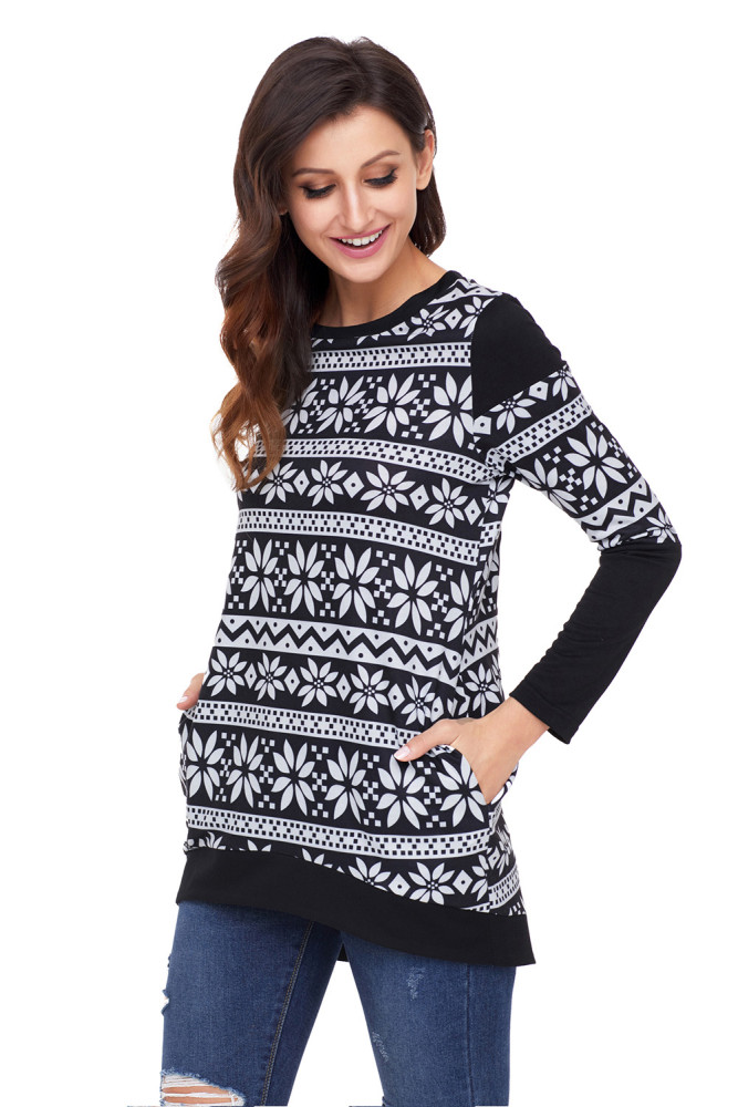Black White Snowflake Print Long Sleeve Christmas Top