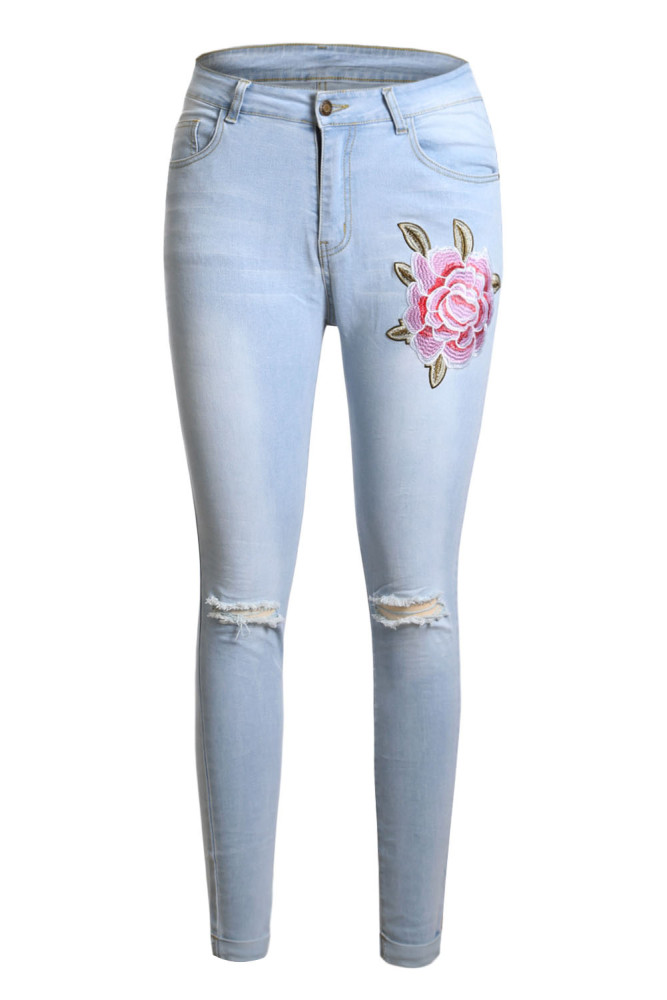 Rose Embroidered Knee Distress Light Wash Skinny Jeans