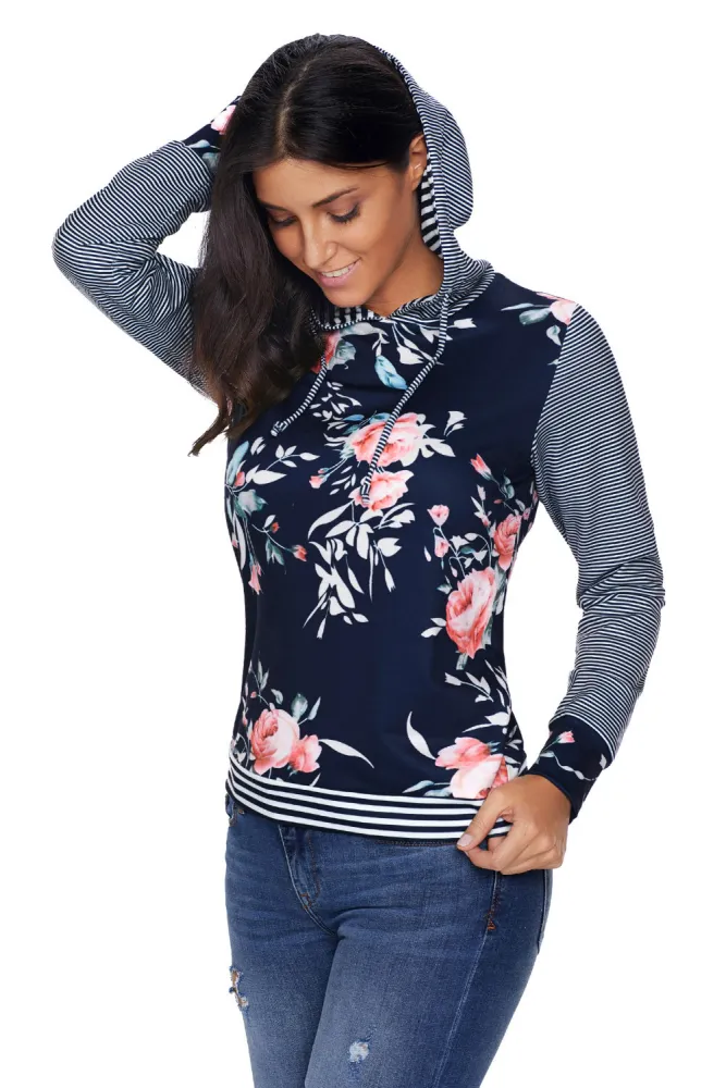 Dark Blue Pinstripe Accent Floral Print Drawstring Hoodie