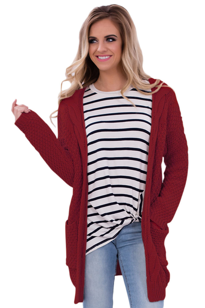 Red Long Open Front Pocket Cardigan
