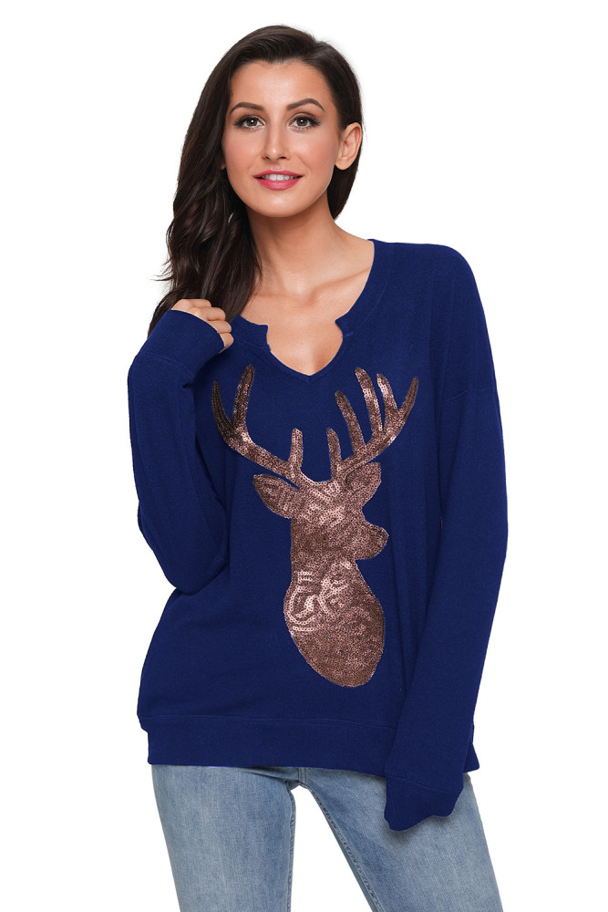 Blue Womens Sequin Christmas Reindeer Top