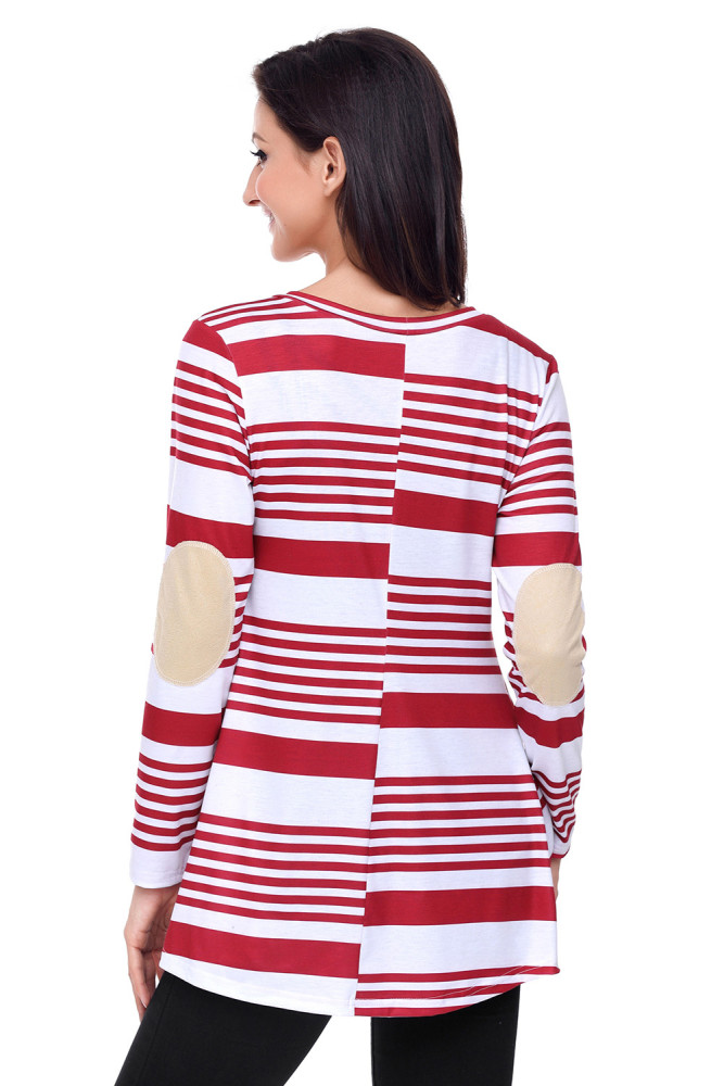 Burgundy Striped Patch Elbow Raglan Blouse