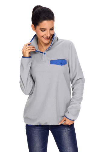 Gray Stand Collar Buttons Fleece Pullover Top