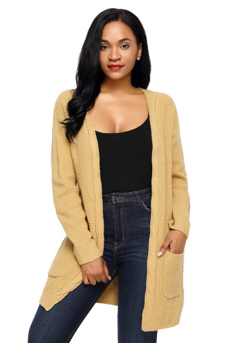 Khaki Long Open Front Pocket Cardigan