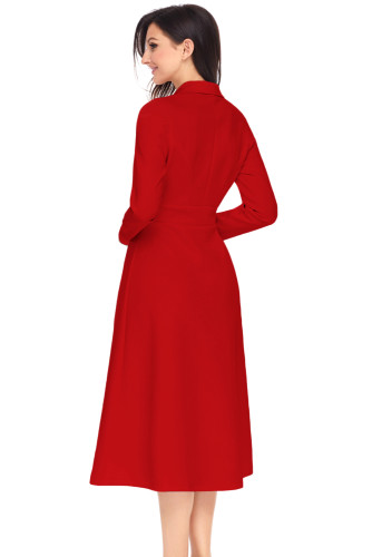Red Vintage Button Collared Fit-and-flare Dress
