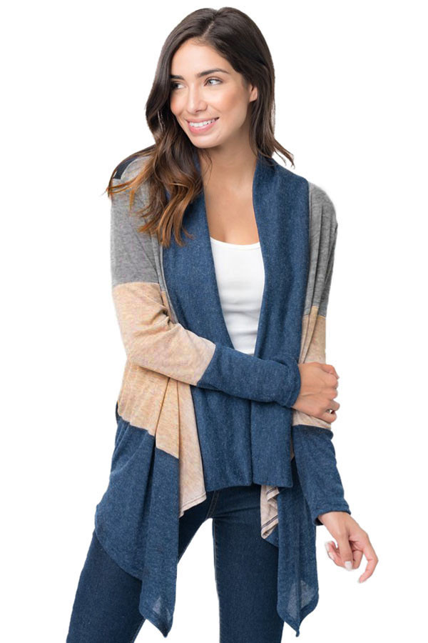 Blue Shawl Neck Colorblock Long Sleeve Cardigan