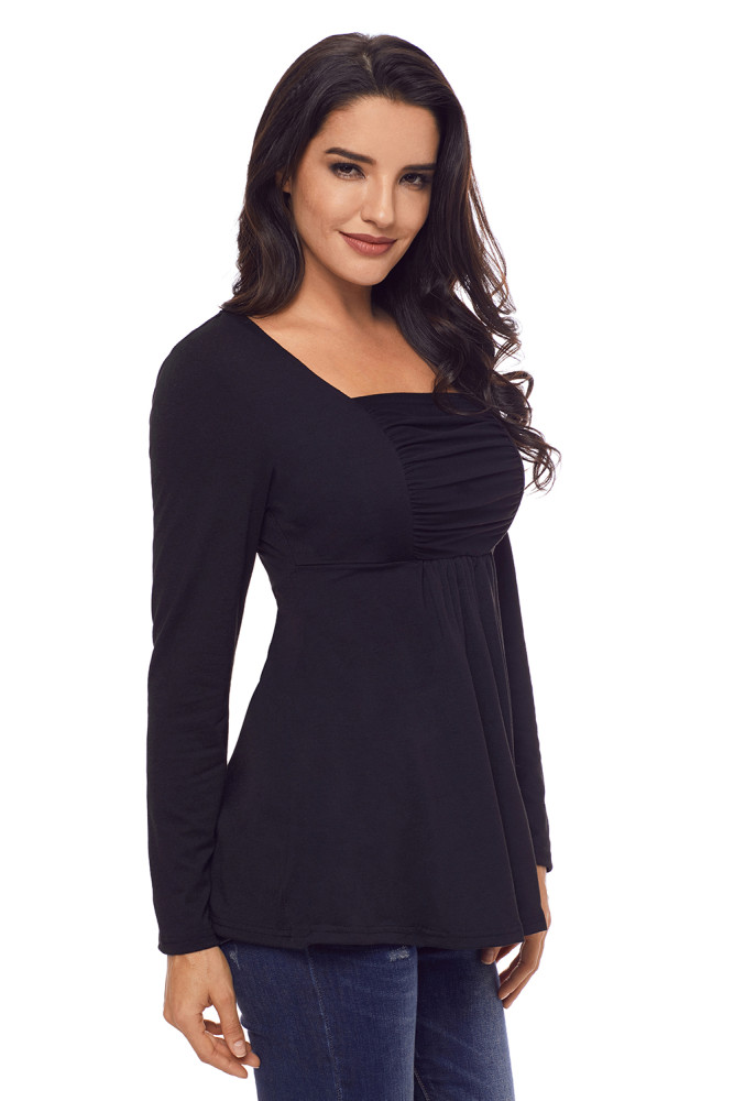 Black Square Neckline Ruched Long Sleeve Blouse