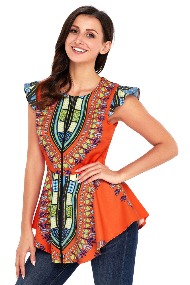 Orange African Printed Zipper Front Peplum Top