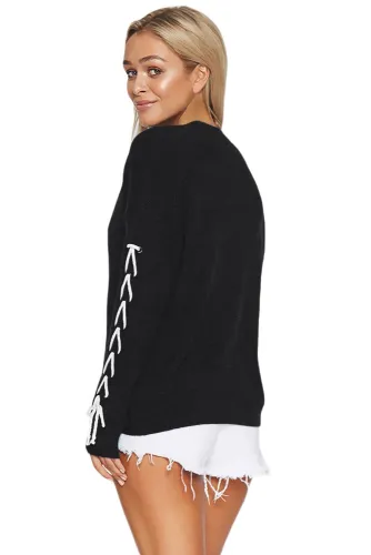 Black Lace up Sleeve Sweater